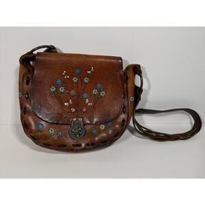 VTG Hand Tooled Painted Flowers Brown Leather Saddle Bag BETH FRANK Boho Hippie